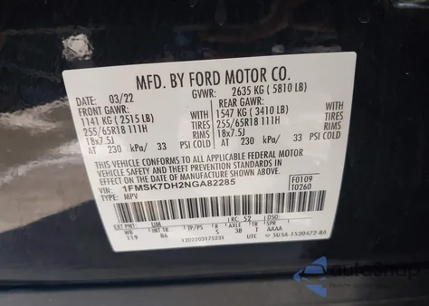 2022 Ford Explorer Xlt from USA, damaged, VIN 1FMSK7DH2NGA82285